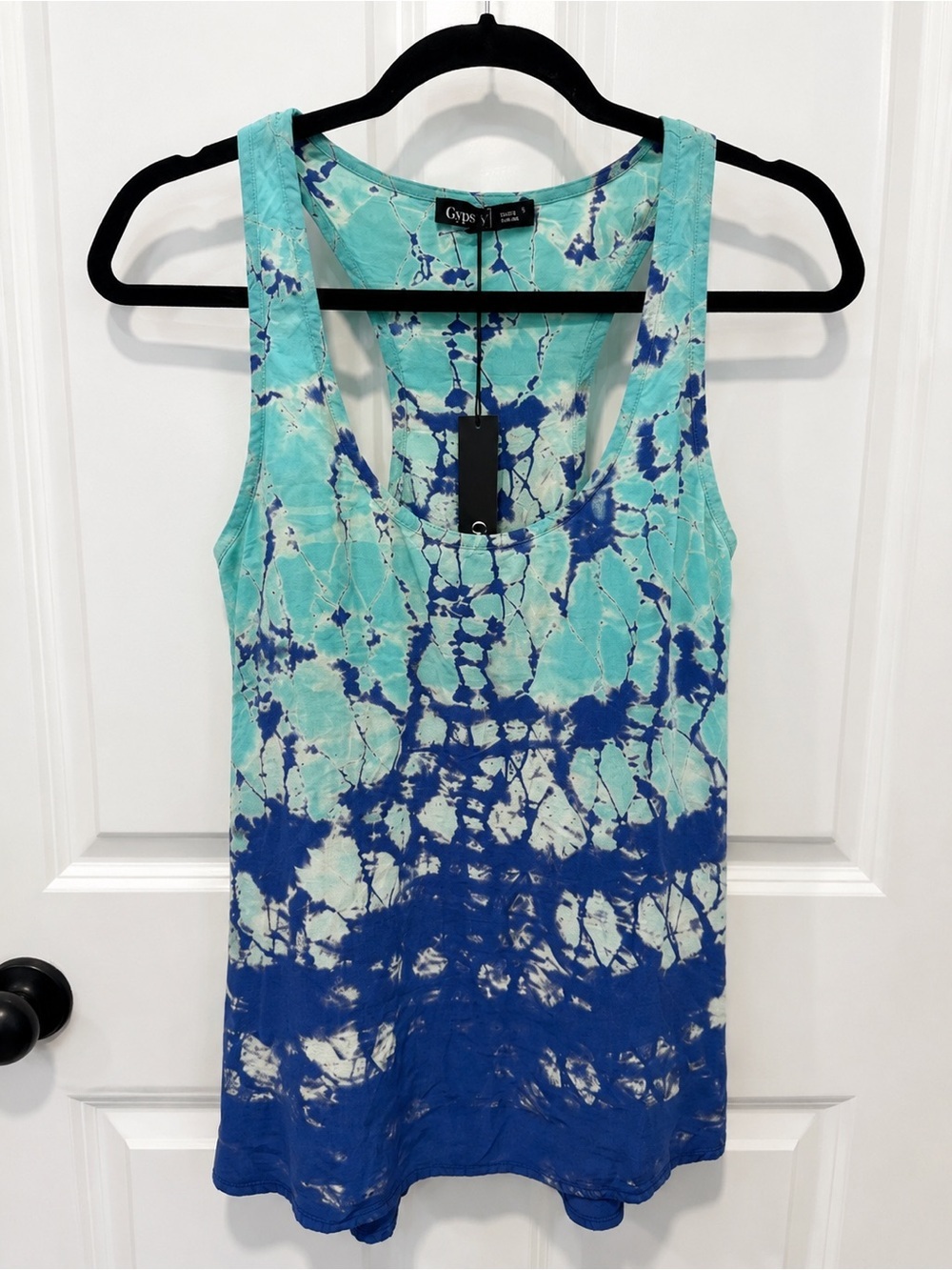 100% Silk Gypsy Global Villlage Blue and Teal Tie-Dye Sleeveless Top Size Small